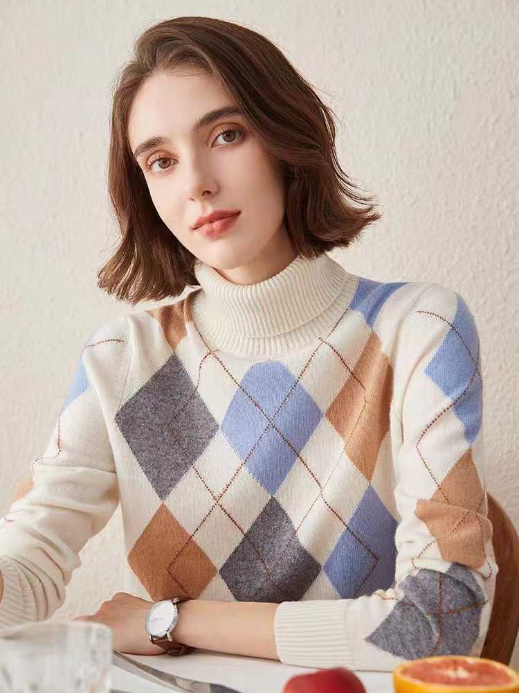 Vintage Diamond Lattice Pure Cashmere High Lapel Inlay Knitted Sweater - Image 5