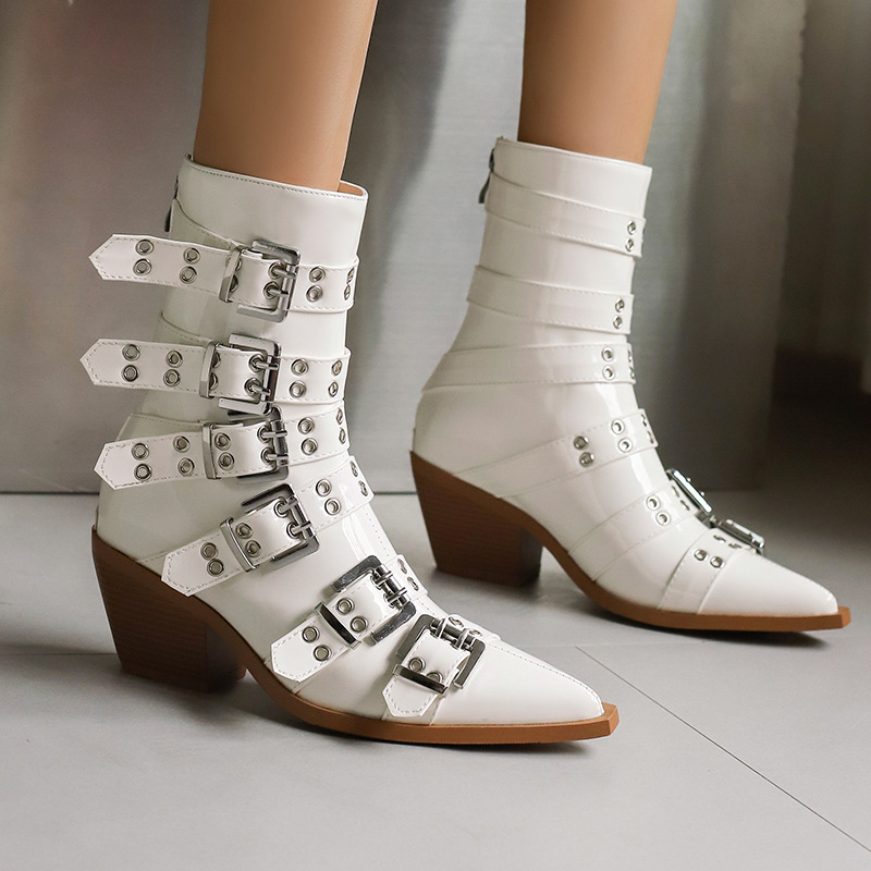 Autumn And Winter Pointed Knight Women's Boots Plus Size Punk Belt Buckle Booties - Image 3
