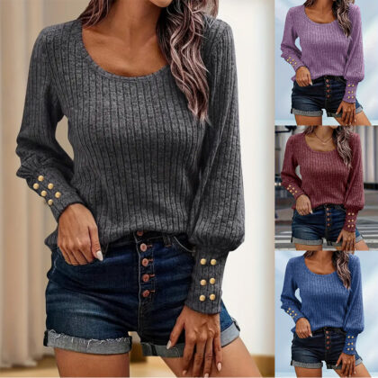 Solid Color Button Round Neck Long Sleeve Sweater