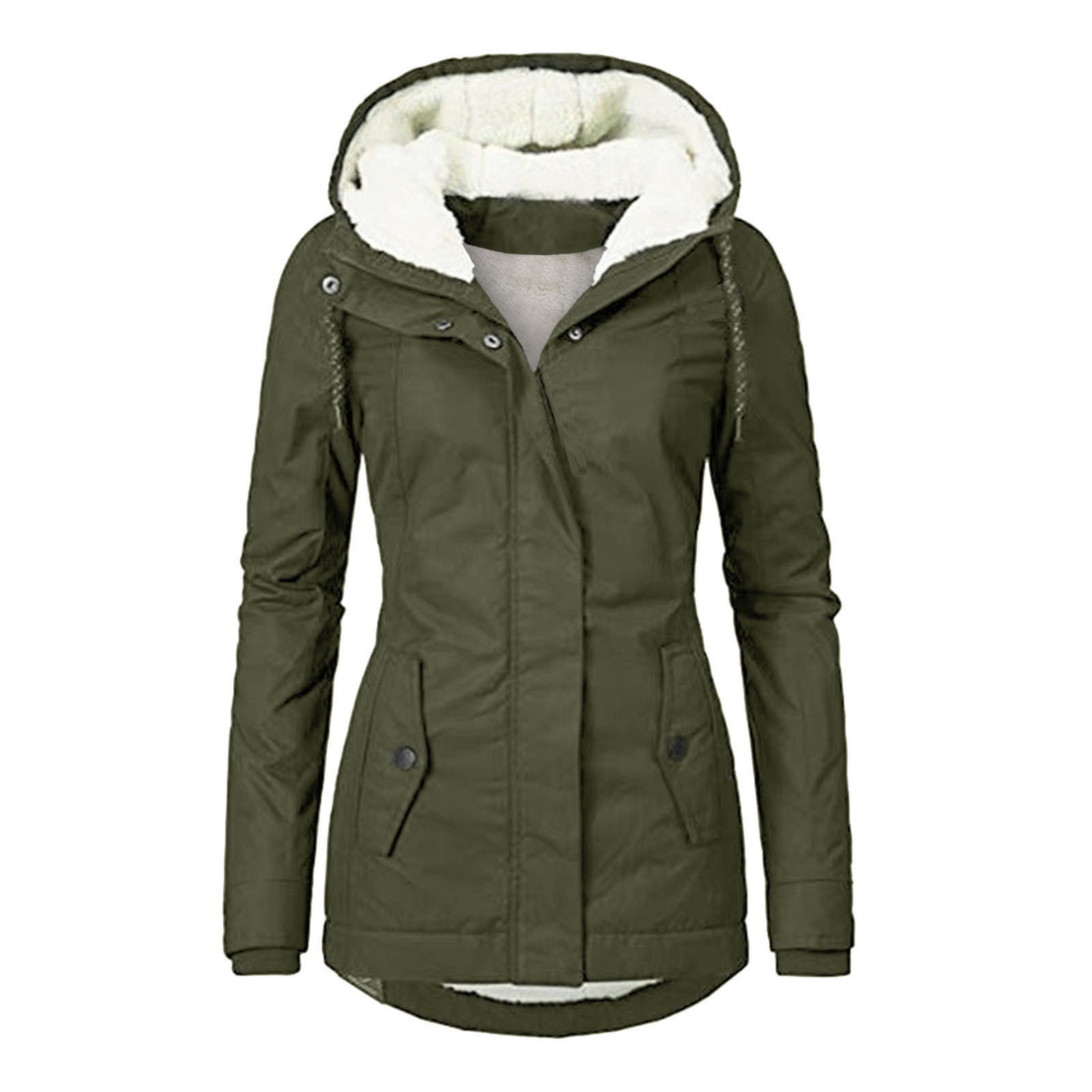 Winter Hooded Jacket Solid Color Warm Buckle Zip-up Fleece Jacket With Pockets Women's Casual Jacket - Image 5
