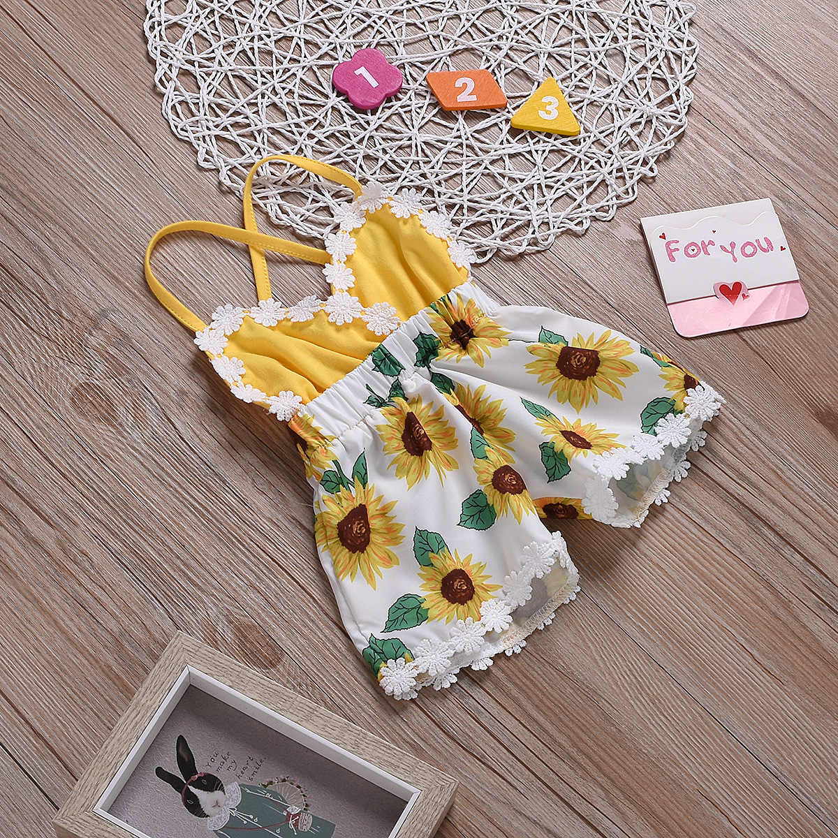 Children's Clothing Girls Baby Jumpsuits Children Sunflower Sling Lace Jumpsuit - Image 8