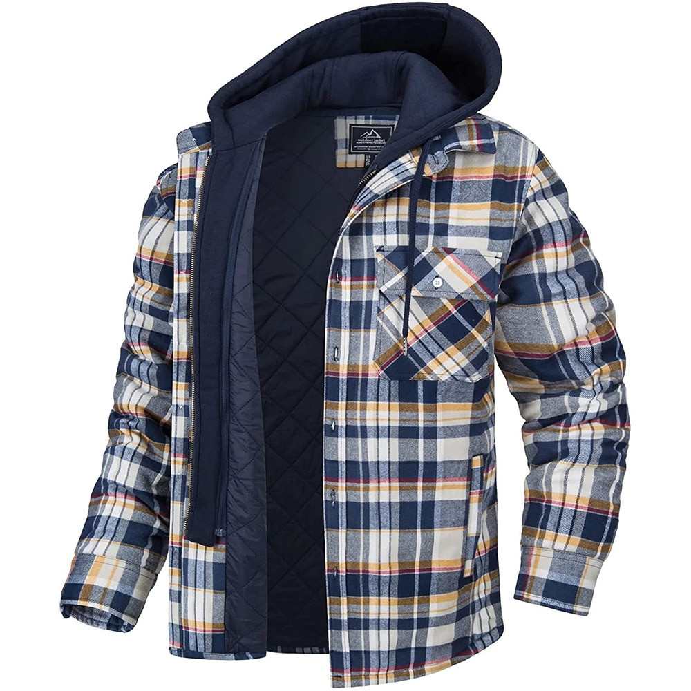 Men's Plaid Hooded Coat Winter Warm Button Zip-up Jacket Fashion Casual Thick Padded Long Sleeves Outerwear Clothing - Image 8