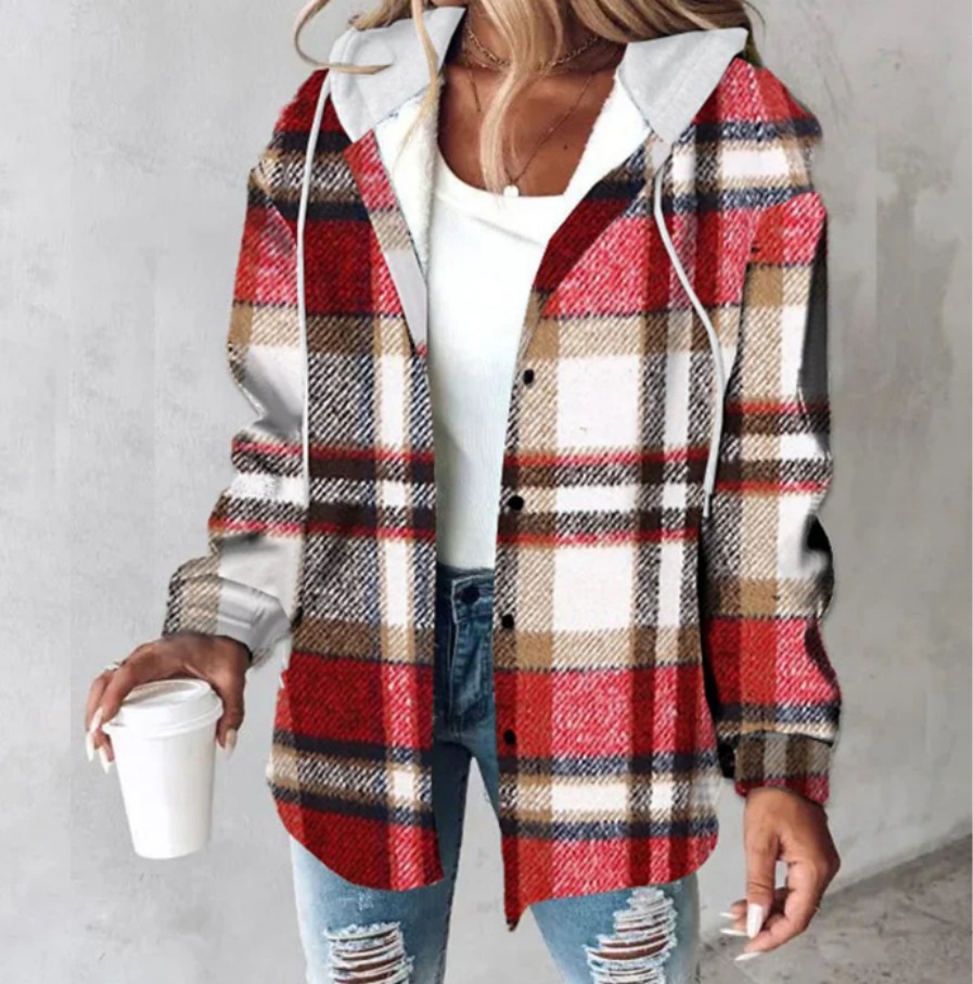 Plaid Hooded Jacket Fashion Casual Button Pocket Coat Autumn And Winter Women's Clothing — изображение 5