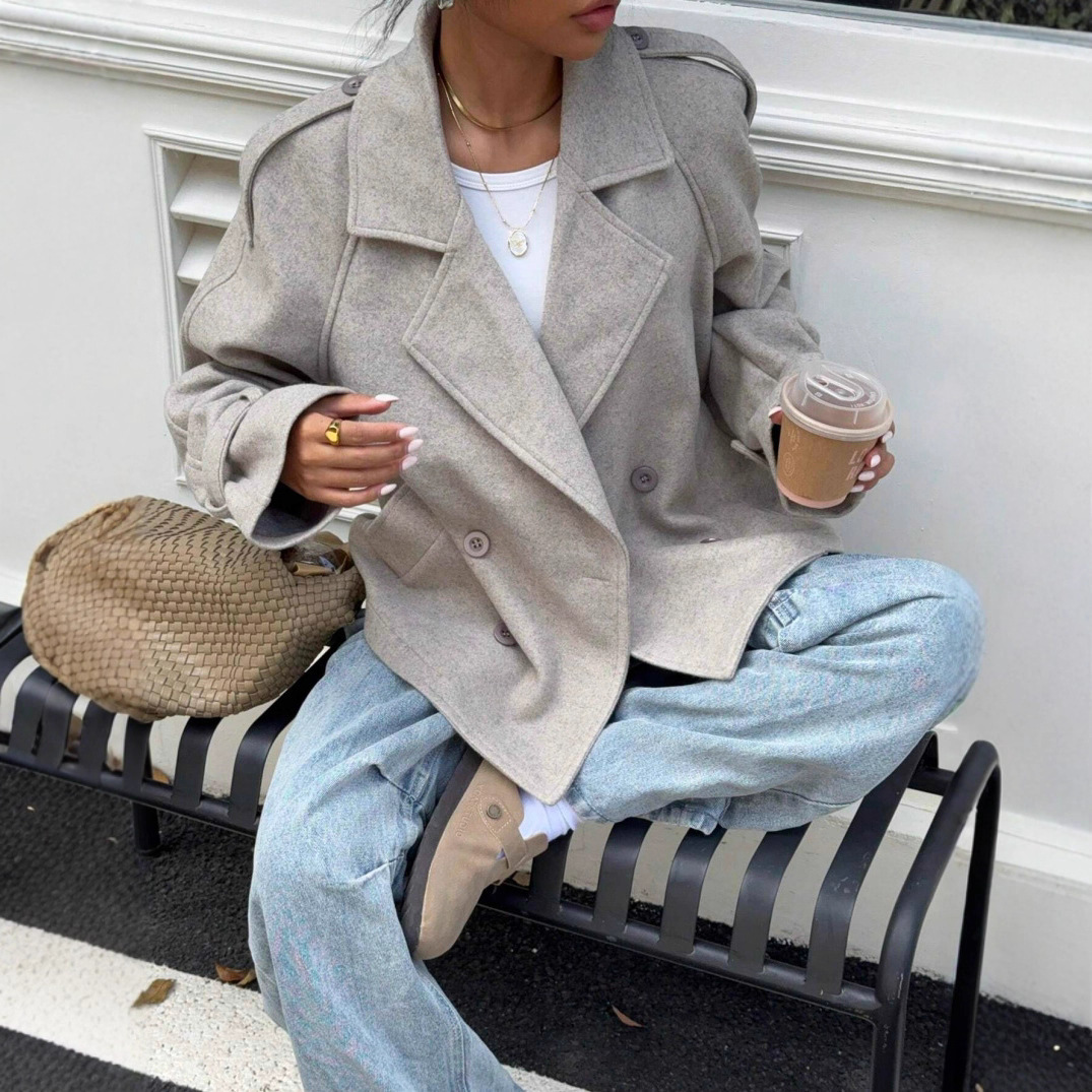 Women's Casual Loose Double Button Lapel Elegant Woolen Coat — изображение 3