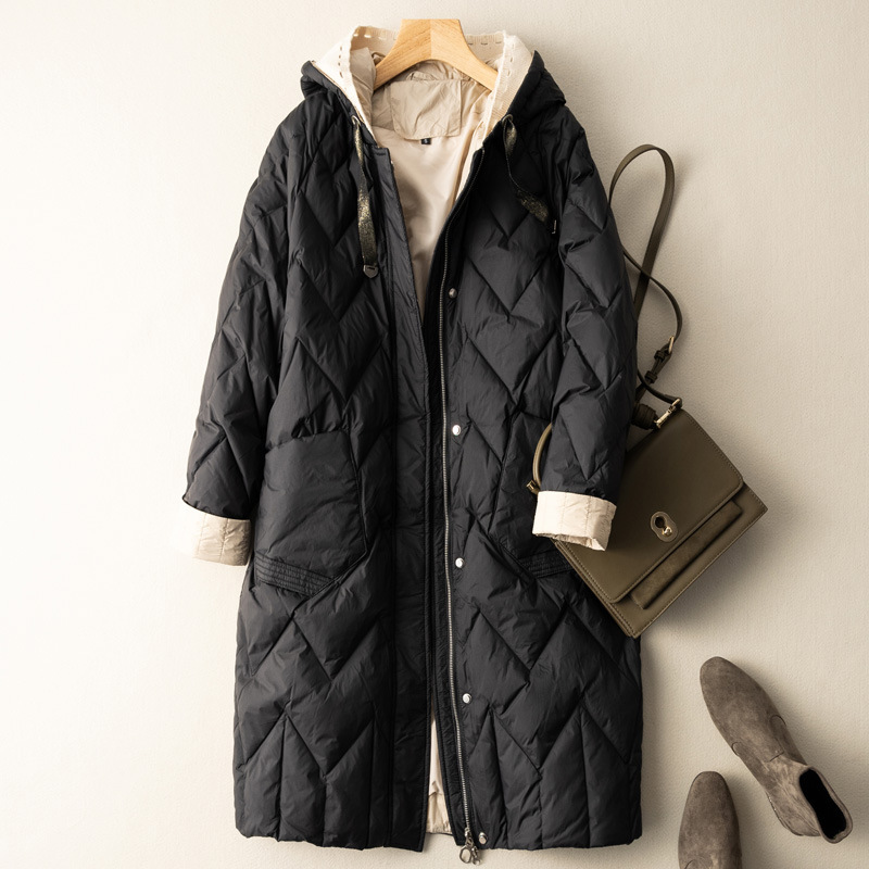 Medium Long Loose Warm Fashion Coat Women's Knitting Wool Hooded Down Jacket - Image 3