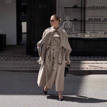 Women's Long Khaki Belted Cape Trench Coat