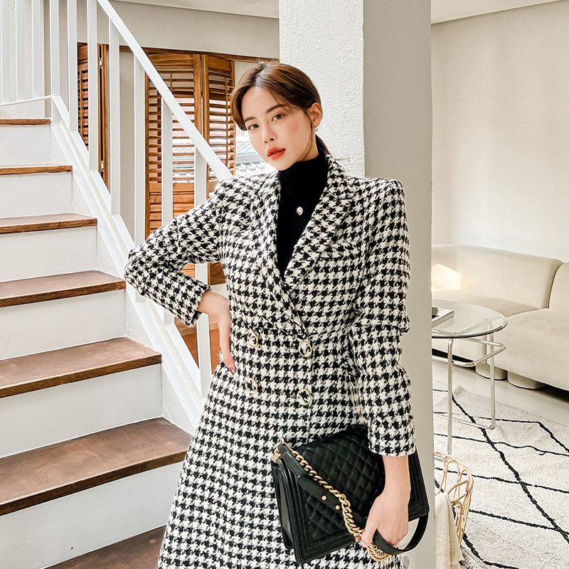Women's Suit Collar Double-breasted Waist Slim-fit Houndstooth Woolen Coat — изображение 3