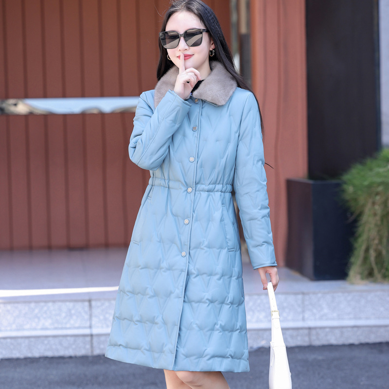 Wool Collar Fitted White Duck Down Warm Leather Coat - Image 4