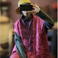 Antique Mud Cotton Linen Contrast Color Loose Quilted Long Waistcoat - Image 8