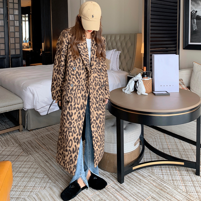 Women's Long Winter Leopard Print Woolen Coat - Image 2