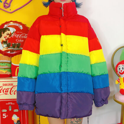 Rainbow contrast color thick long-sleeved cotton coat women's jacket