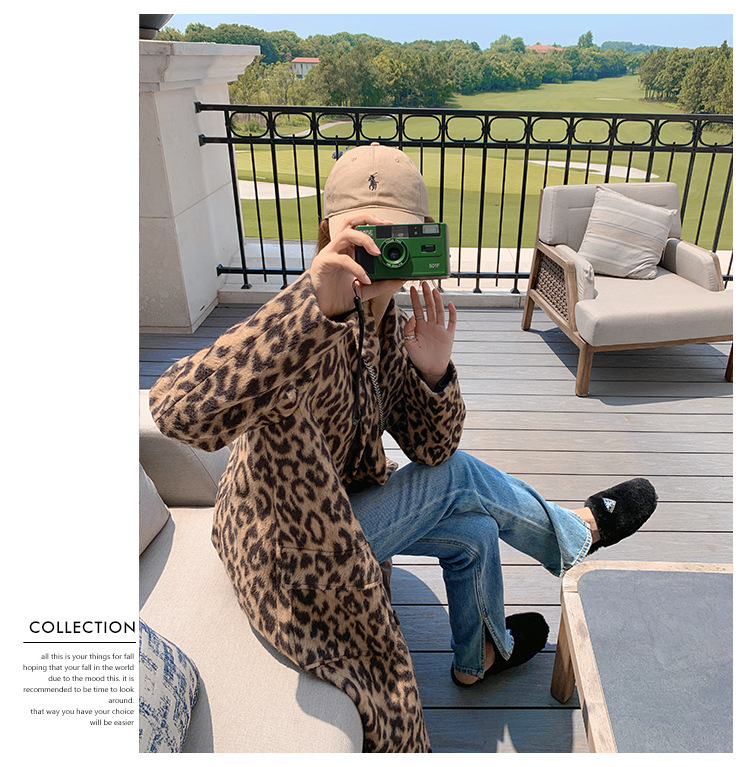 Women's Long Winter Leopard Print Woolen Coat - Image 10