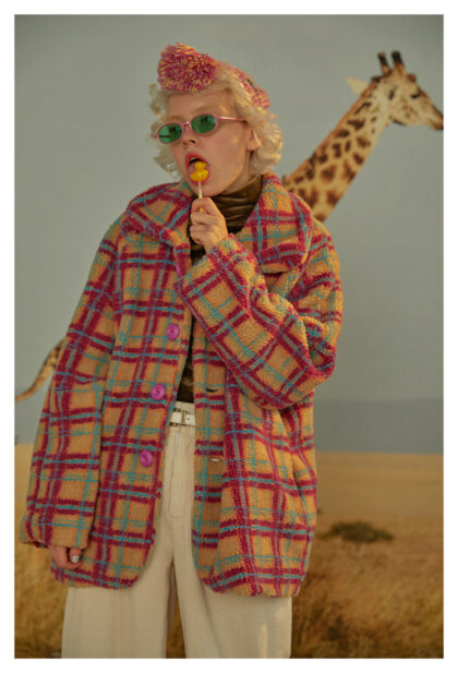 Red and blue plaid lambskin lapel long sleeved silhouette coat