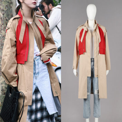 Fashionable Color Contrast Design Mid-length Fake Two-piece Trench Coat