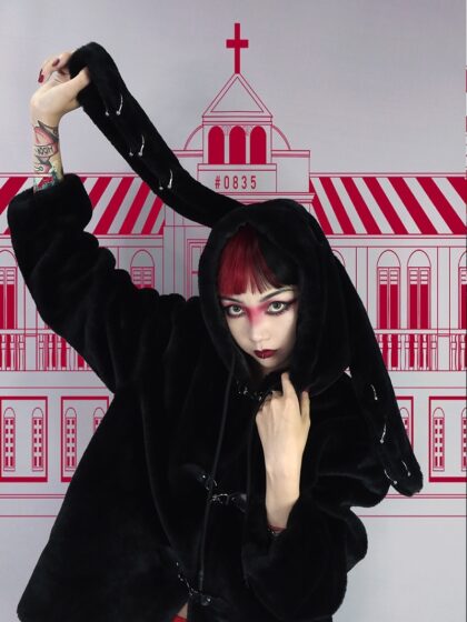 Virtual Track Original  Shelter Series Niche Punk Style Dark Black Thick Plush Rabbit Ears Hooded Coat Cotton Jacket