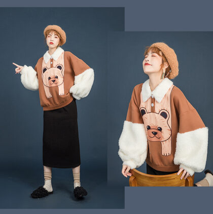 Lambskin Stitched Sweater Women New Fashion cartoon Decal cashmere top coat