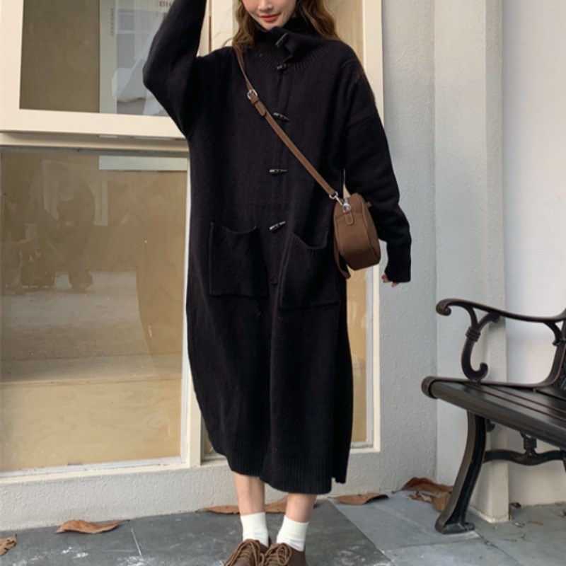 Horn Button Sweater Cardigan Women's Mid-length Turn-down Collar Coat - Image 6