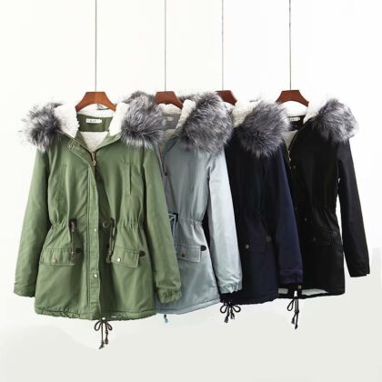 Hooded large fur collar plus fleece coat