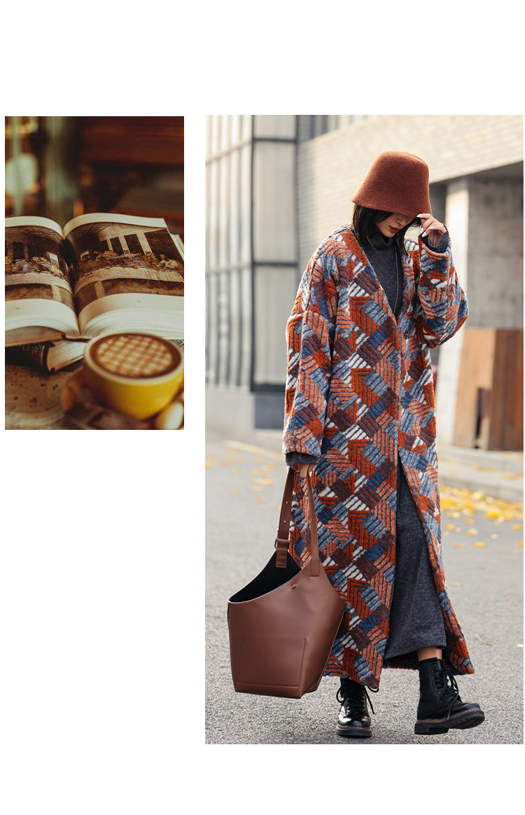 Women's Three-dimensional Jacquard Wool Blended Loose Overcoat Coat - Image 9