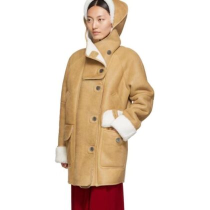 Camel fur cute bear hooded zipper long coat