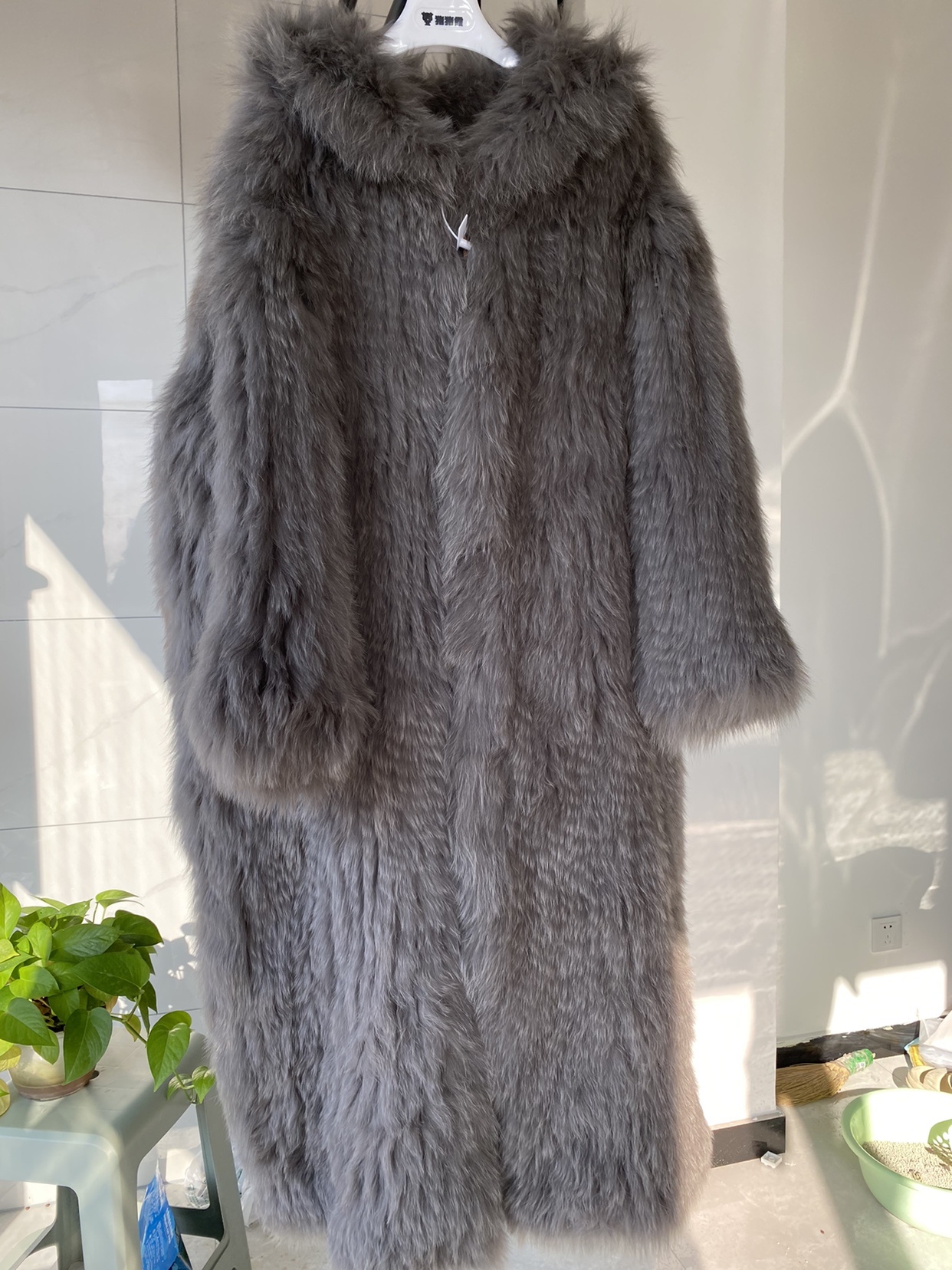 Gray Braided Fox Fur Hooded Loose Over The Knee Fur Coat - Image 7