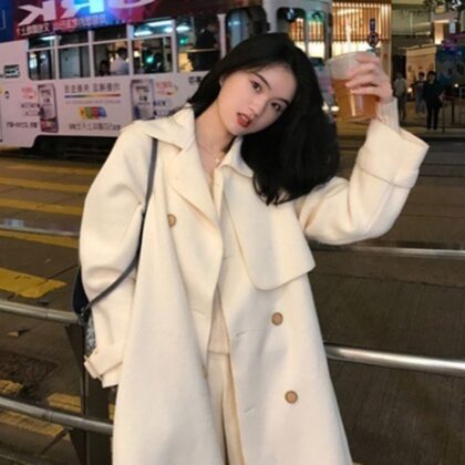 Double-sided waist belt tie trench coat woolen mid-length coat