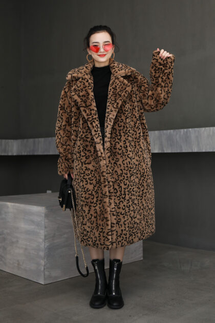 Leopard print oversized suit collar fur coat