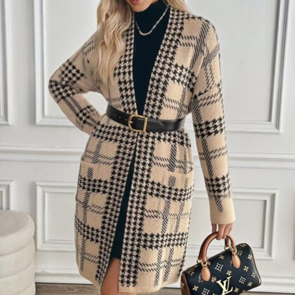 Women's Houndstooth Knitted Long Knitted Jacket
