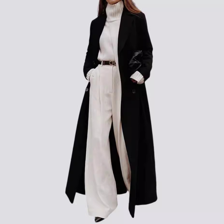 Autumn And Winter European And American Leisure Long Pure Color Warm Keeping Woolen Coat Women - Image 3