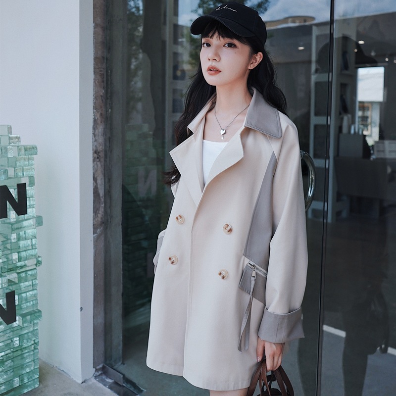 Loose Contrast Color Casual Creamy-white Short Trench Coat - Image 6