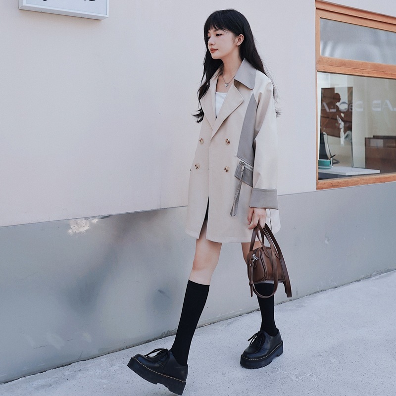 Loose Contrast Color Casual Creamy-white Short Trench Coat - Image 3