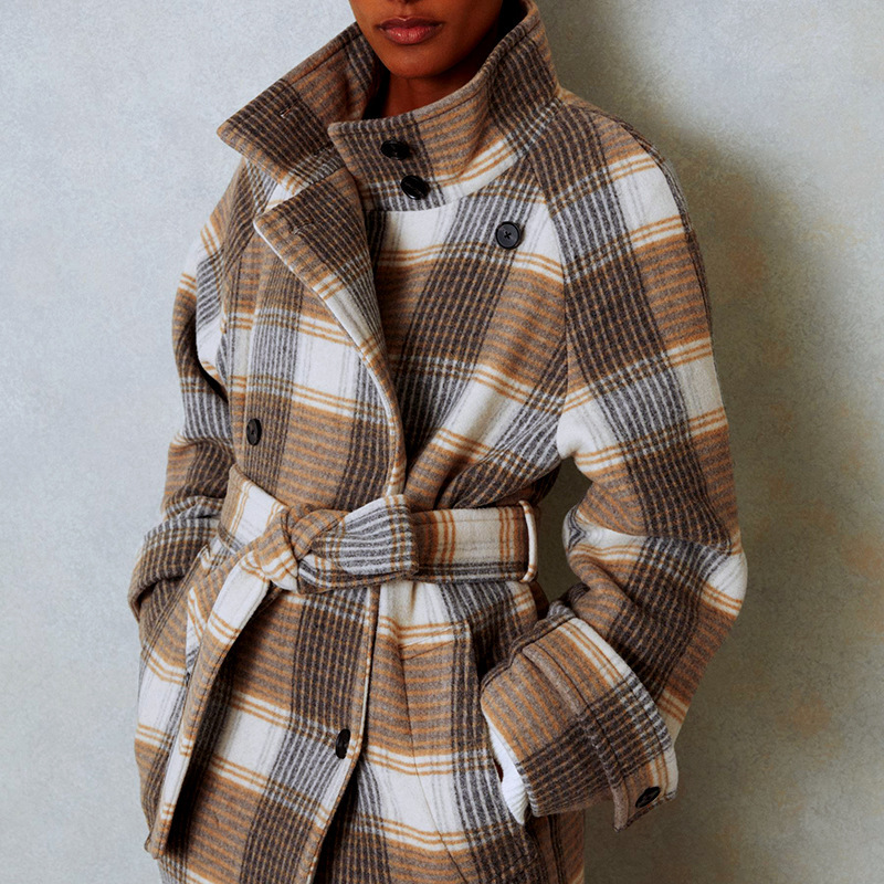Women's Contrast Color Plaid Coat Waist-tied Coat - Image 3