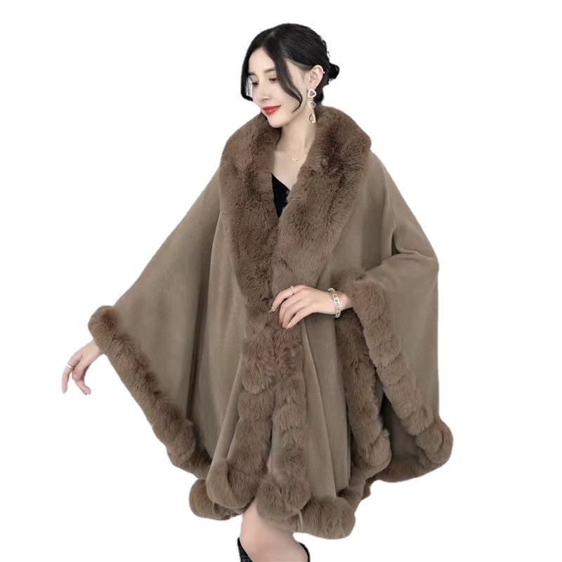 Artificial Rex Rabbit Wool Cape Shawl Women's Oversized Knit Woolen Cardigan Baggy Coat - Image 3