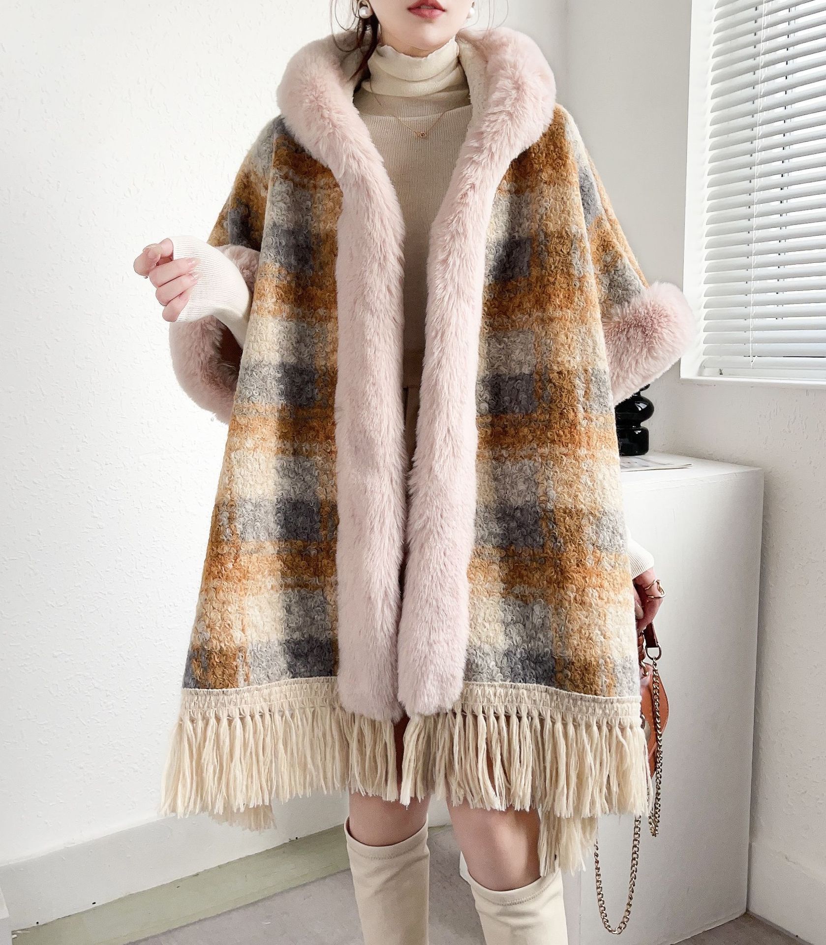 Women's Fleece Lined Padded Warm Keeping Mid-length Tassel Cape And Shawl - Image 9