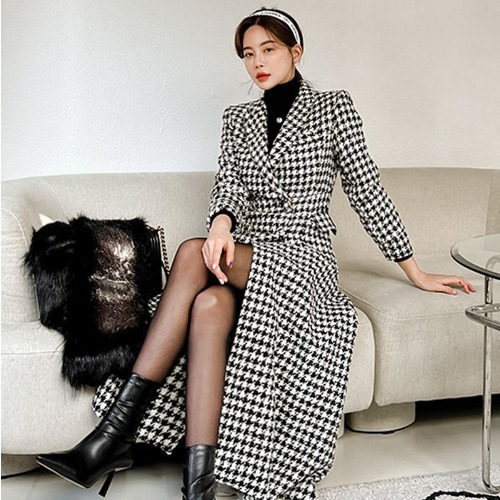 Women's Suit Collar Double-breasted Waist Slim-fit Houndstooth Woolen Coat — изображение 5