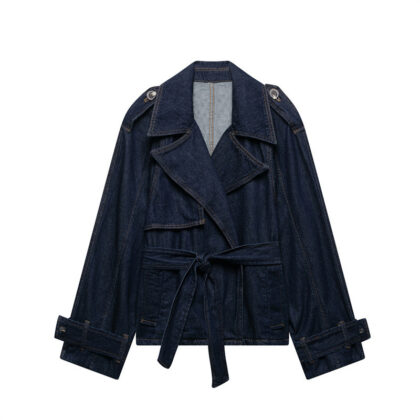 French Blue Belt Short Wide Design Denim Trench Coat