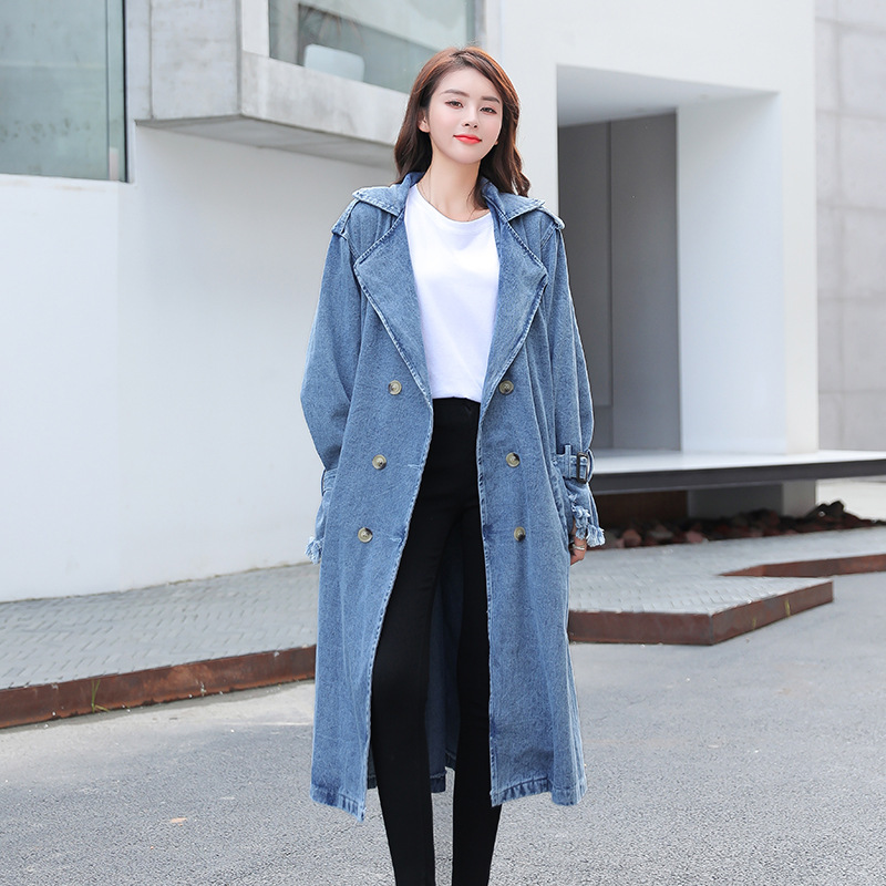 Loose Mid-length Coat With Belt Double Breasted Denim Women's Windbreaker - Image 4