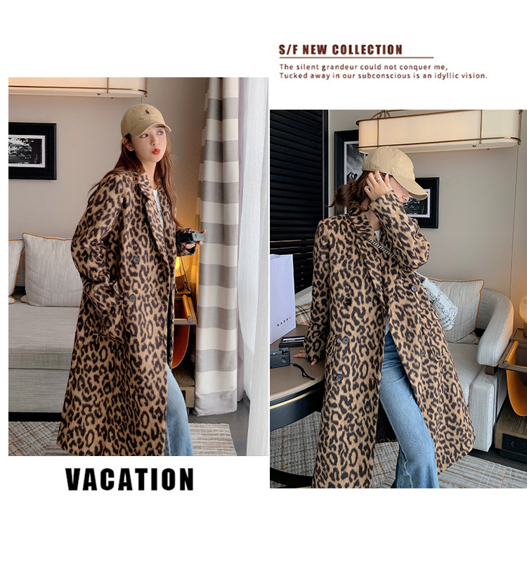 Women's Long Winter Leopard Print Woolen Coat - Image 8