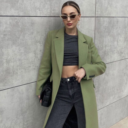 Avocado Green Woolen Coat French High Sense