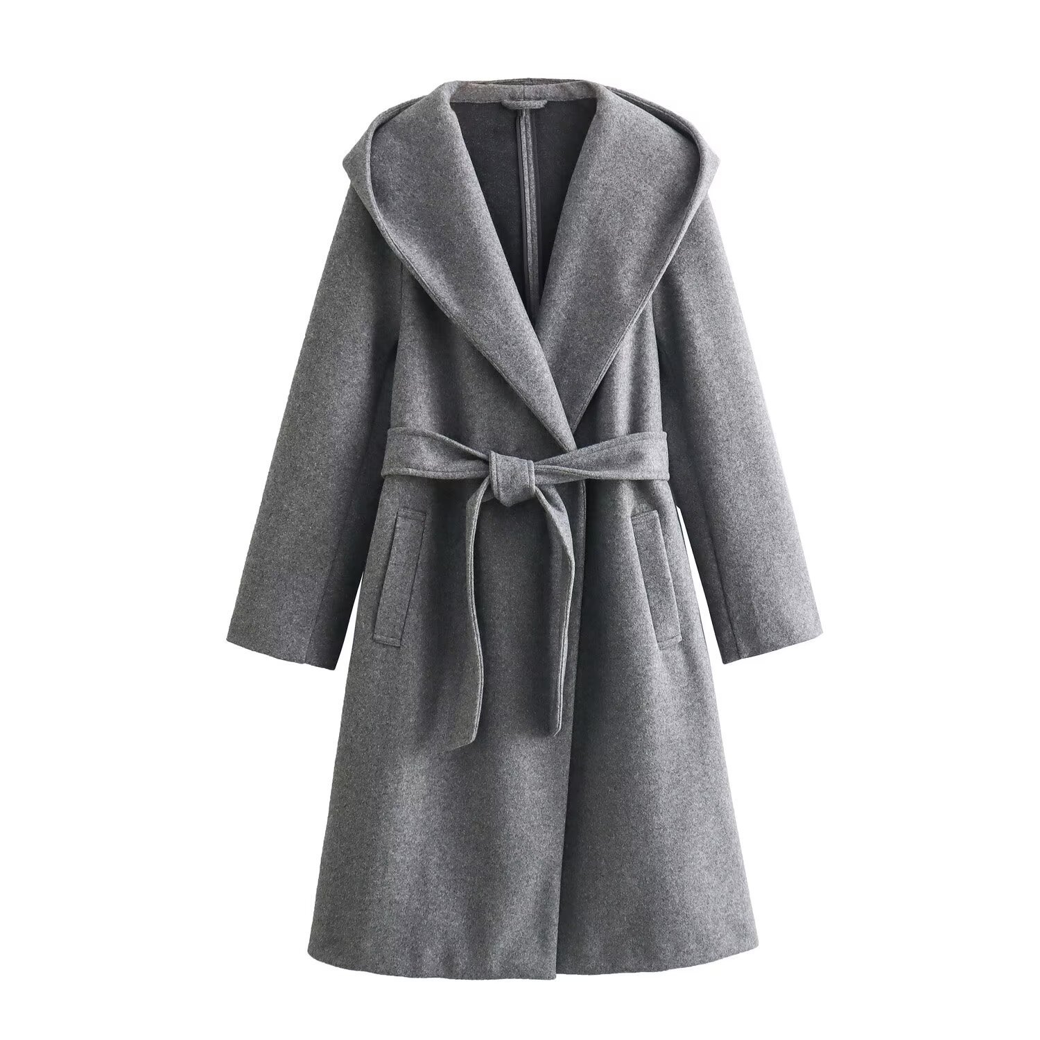 Women's Lace-up Waist Elegant Hooded Woolen Coat - Image 2