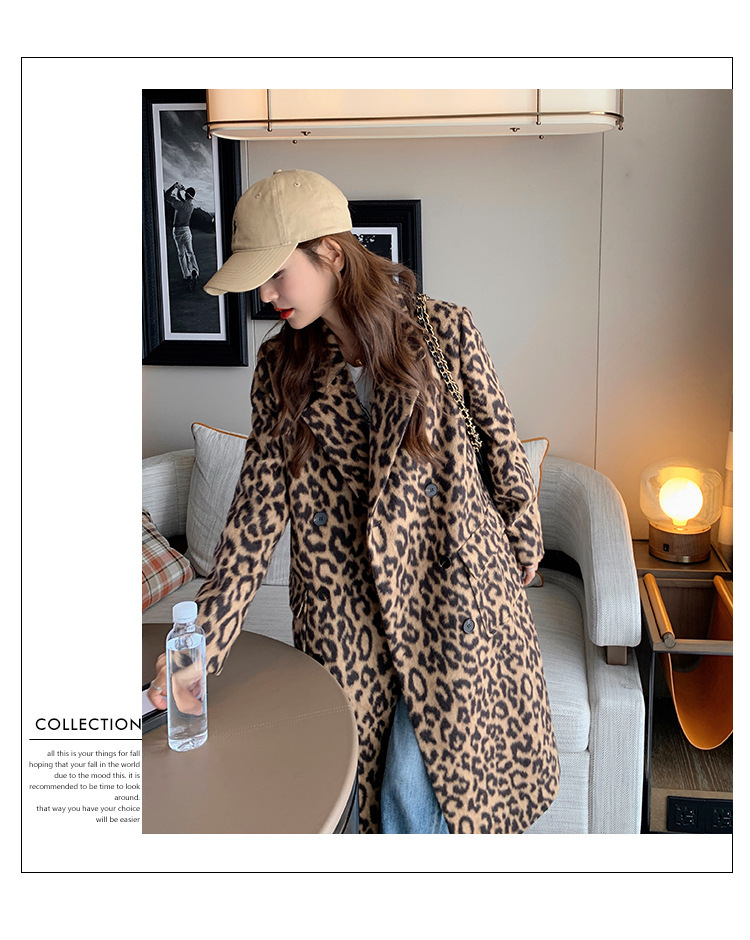 Women's Long Winter Leopard Print Woolen Coat - Image 9
