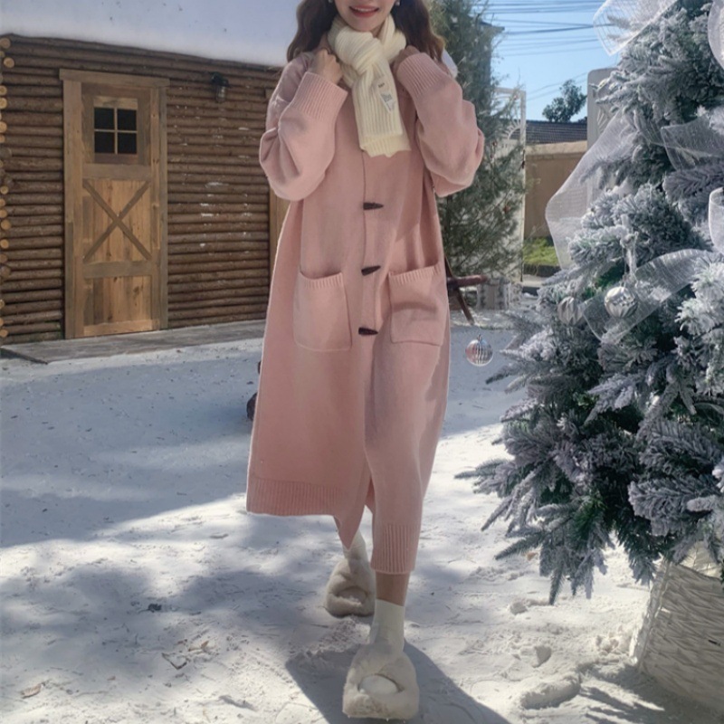 Horn Button Sweater Cardigan Women's Mid-length Turn-down Collar Coat - Image 3