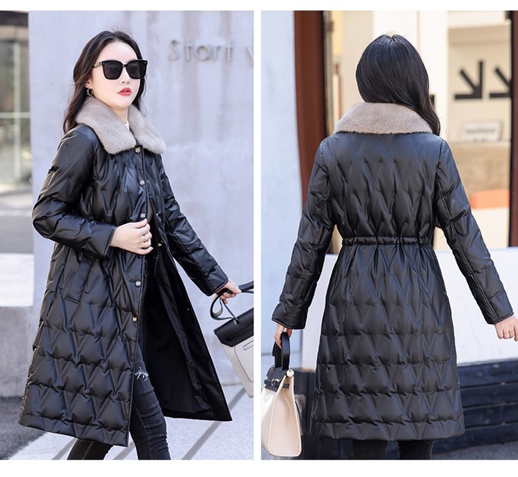 Wool Collar Fitted White Duck Down Warm Leather Coat - Image 6