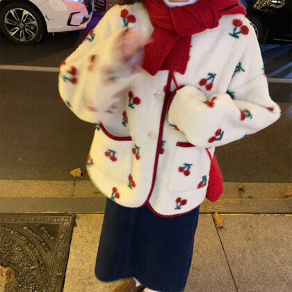 Padded Thick Cherry Lamb Wool Coat