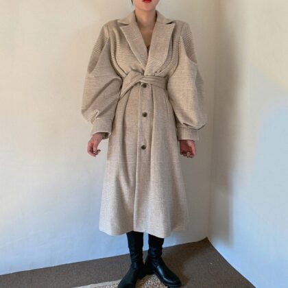 Suit Collar Single-breasted Lace-up Waist Lantern Sleeves