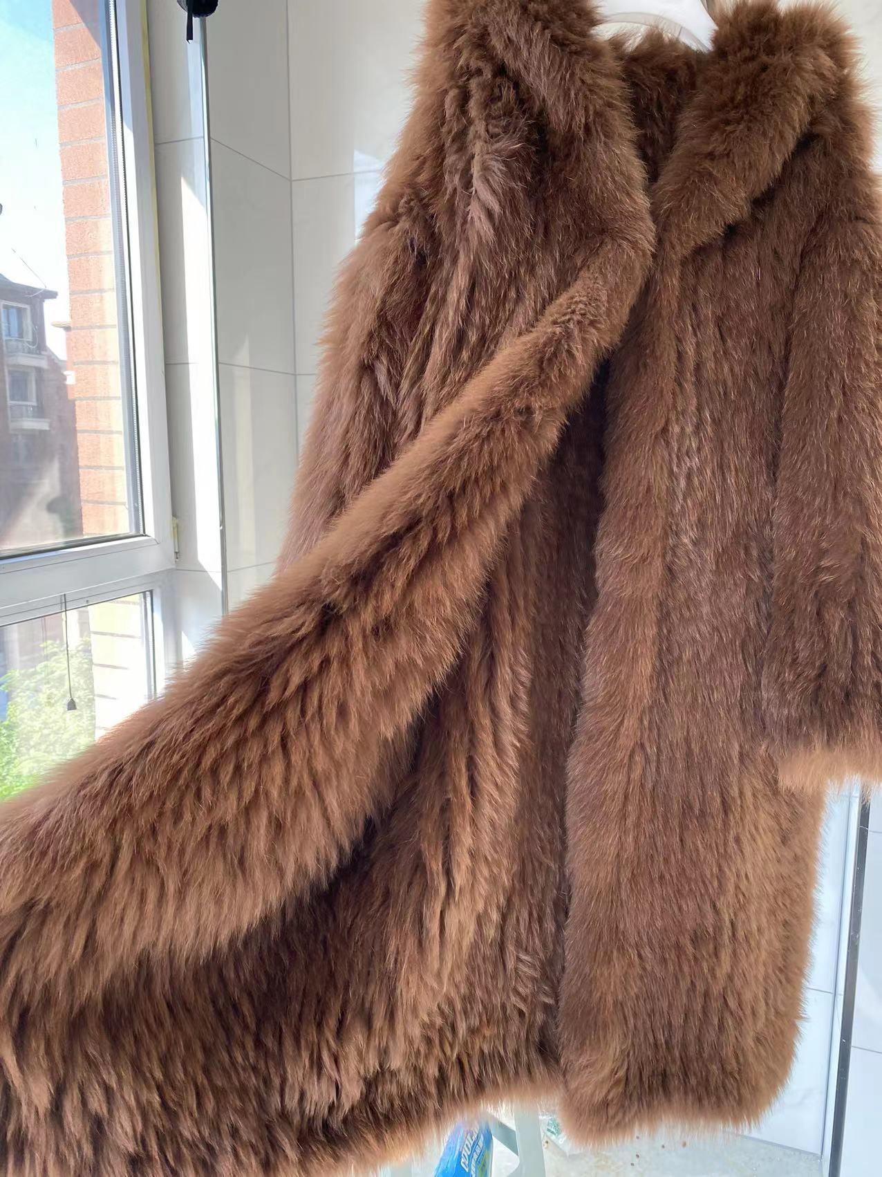 Gray Braided Fox Fur Hooded Loose Over The Knee Fur Coat - Image 4