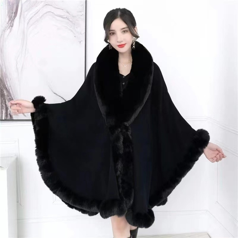 Artificial Rex Rabbit Wool Cape Shawl Women's Oversized Knit Woolen Cardigan Baggy Coat - Image 6
