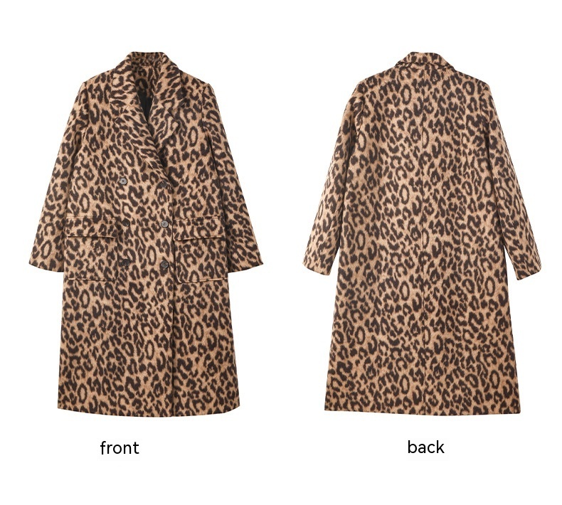 Women's Long Winter Leopard Print Woolen Coat - Image 7
