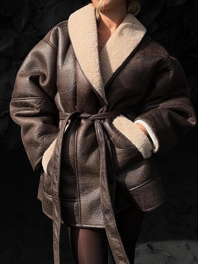 Women's Fashionable Cashmere Leather Fur Collar Composite Belt Coat - Image 6