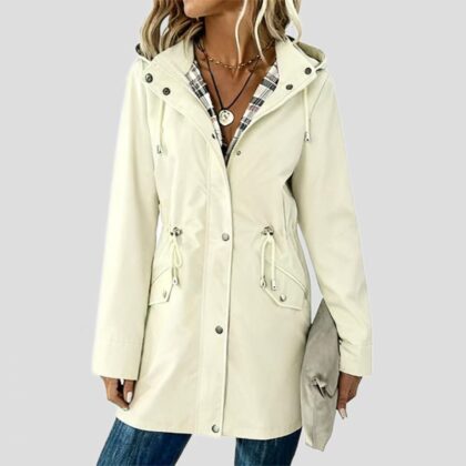 Ladies Hooded Drawstring Nipped-waist Plaid Coat